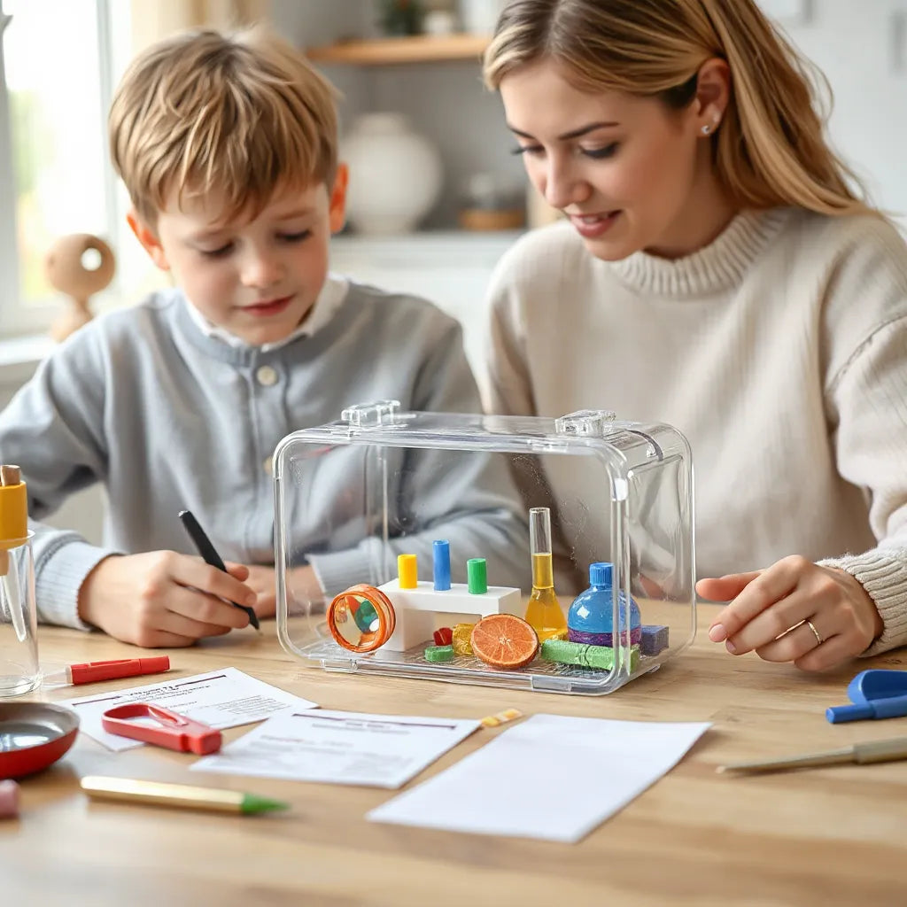 Child and parent building a simple hands-on science project with colorful interactive kit components