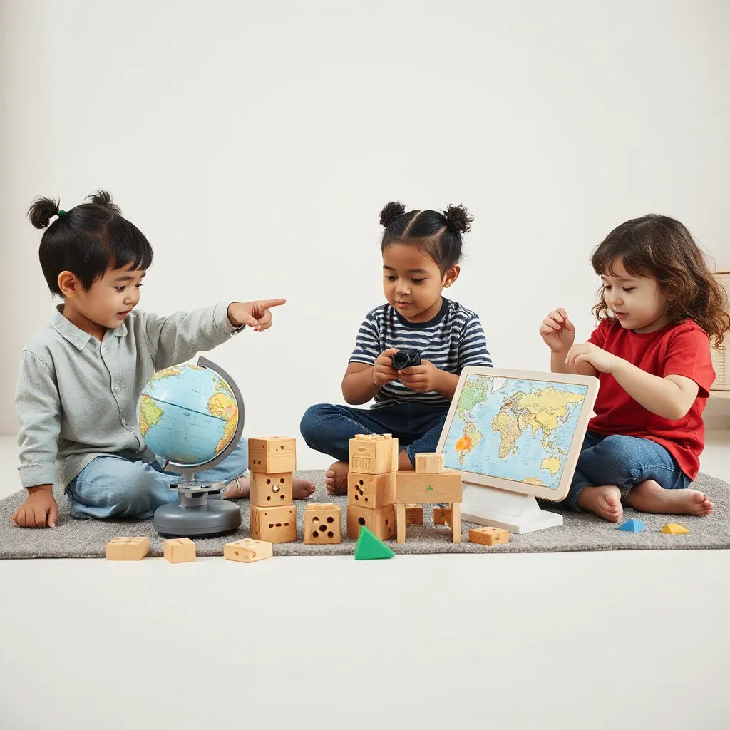 Children playing with educational science and building toys on a rug near a globe and map