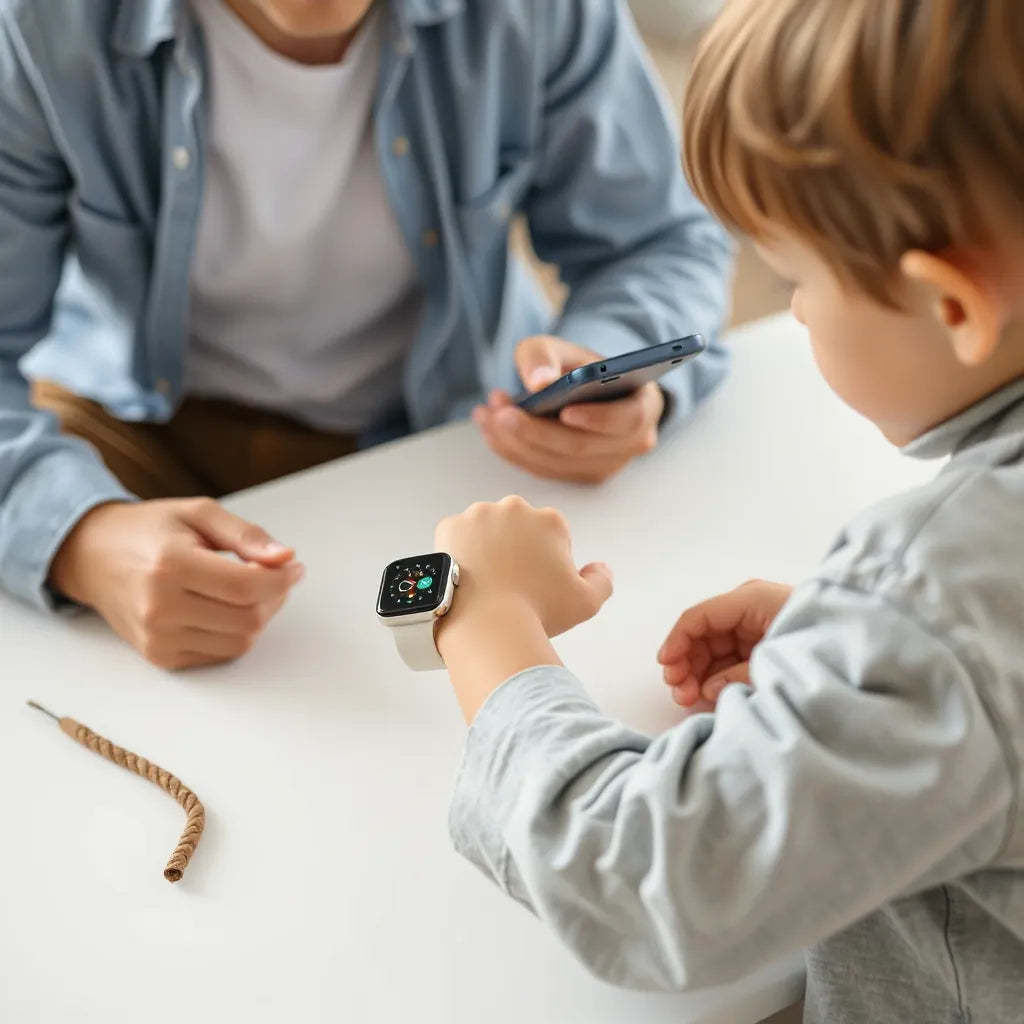 Child wearing a kids smartwatch while a parent checks settings on a phone nearby