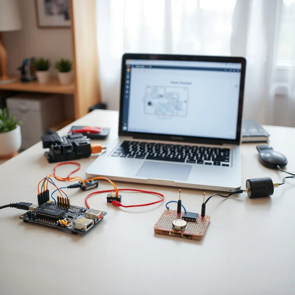 Child-friendly electronics kit on a clean workbench with circuit components and indicator LEDs