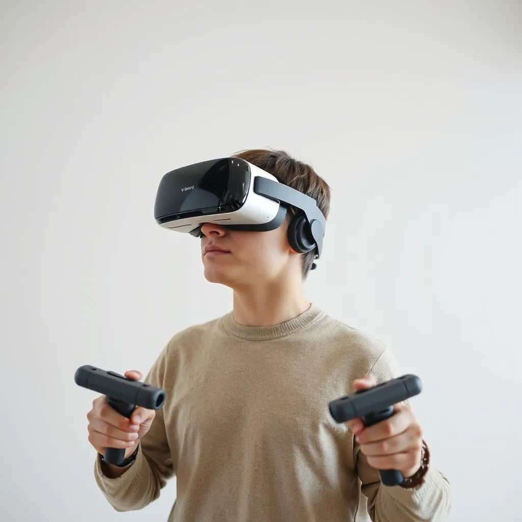 Person wearing a VR headset with motion controllers in a clean, well-lit room