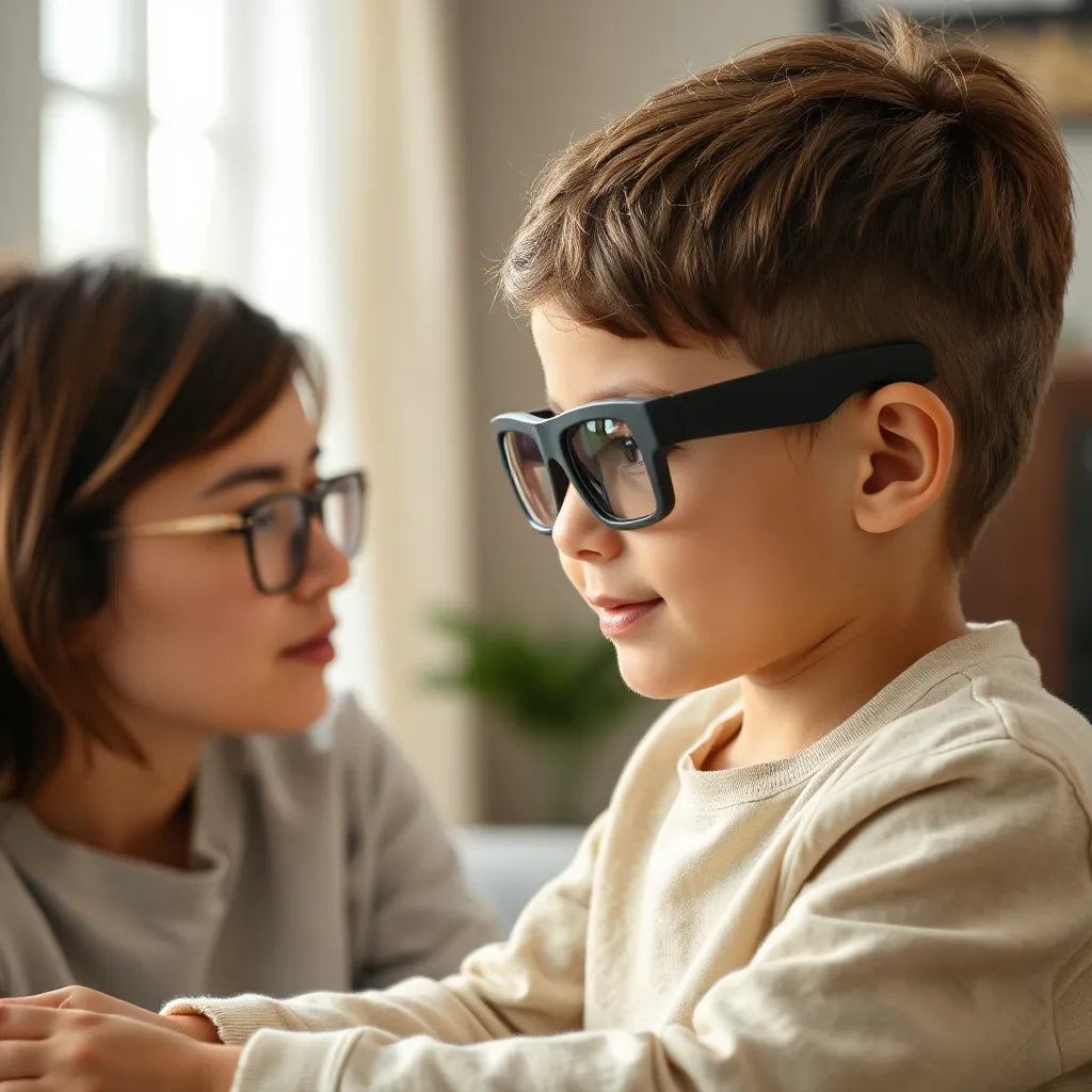 Child wearing lightweight smart glasses with a parent’s help in a calm home setting