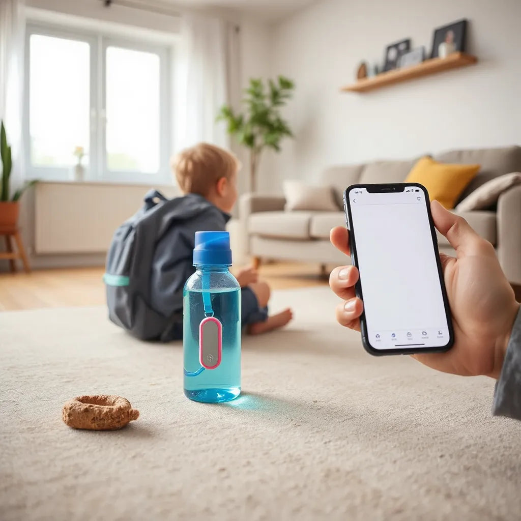 Parent’s phone showing item tracking while a child’s backpack has a small Bluetooth tracker attached