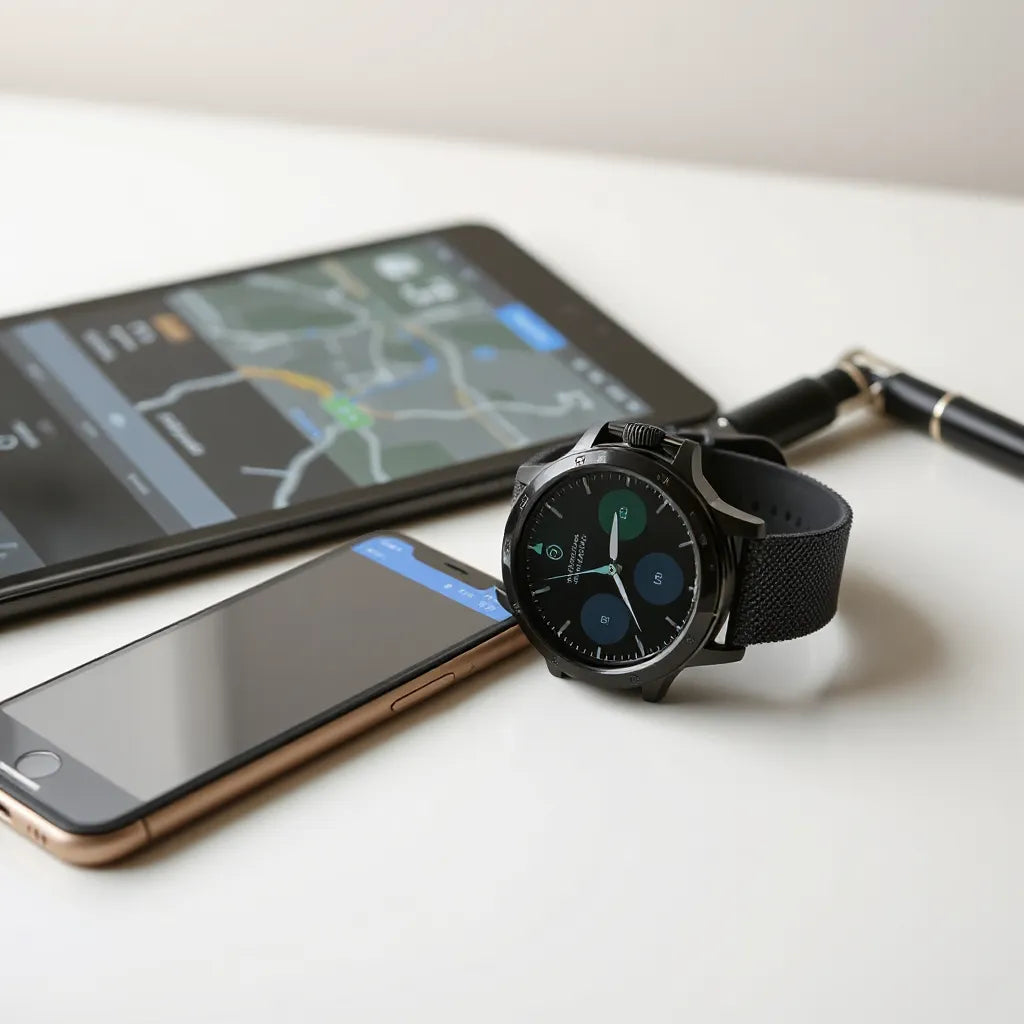 4G GPS smartwatch on a desk next to a phone showing an abstract location map interface