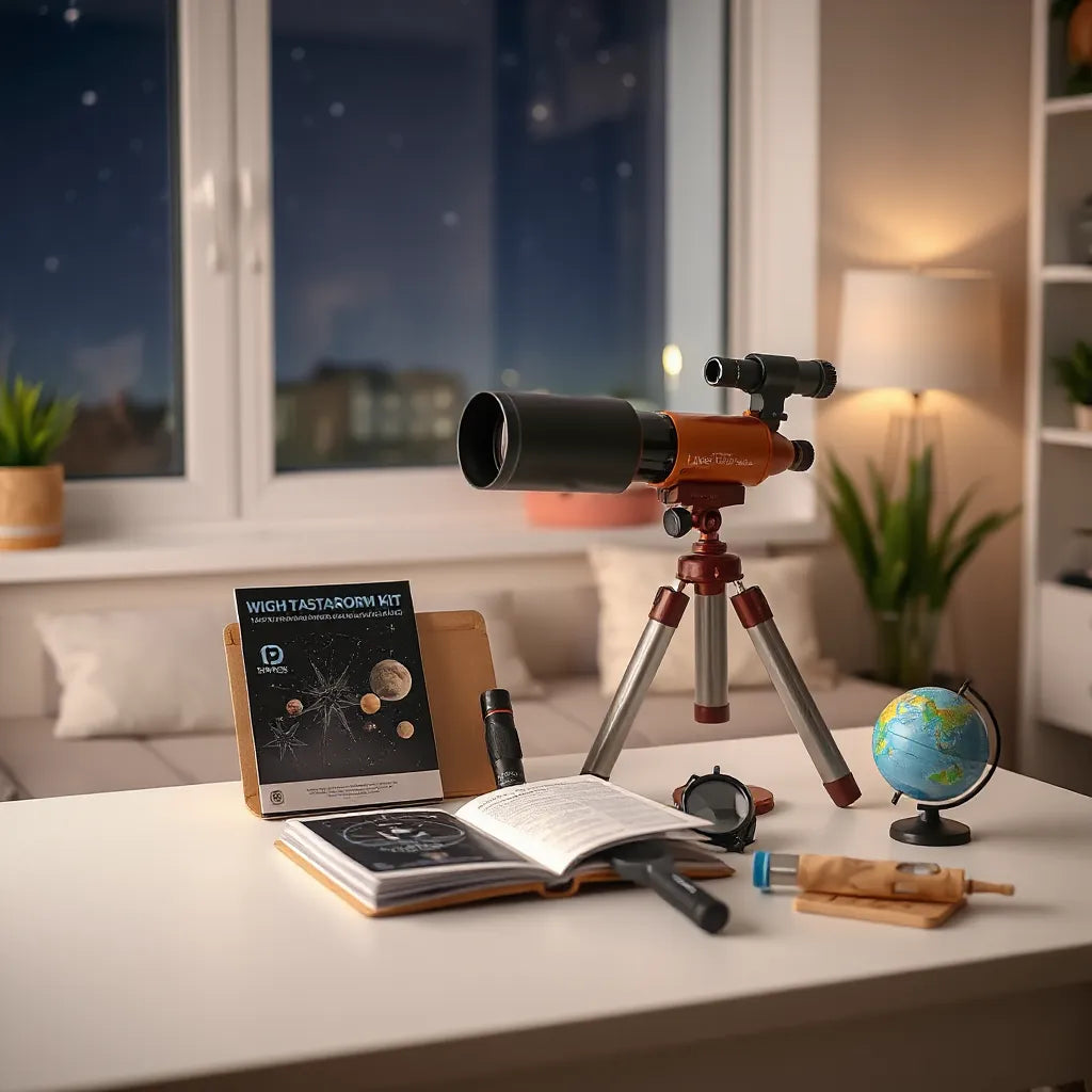 Child-friendly astronomy kit with a beginner telescope and star chart on a table near a window at night