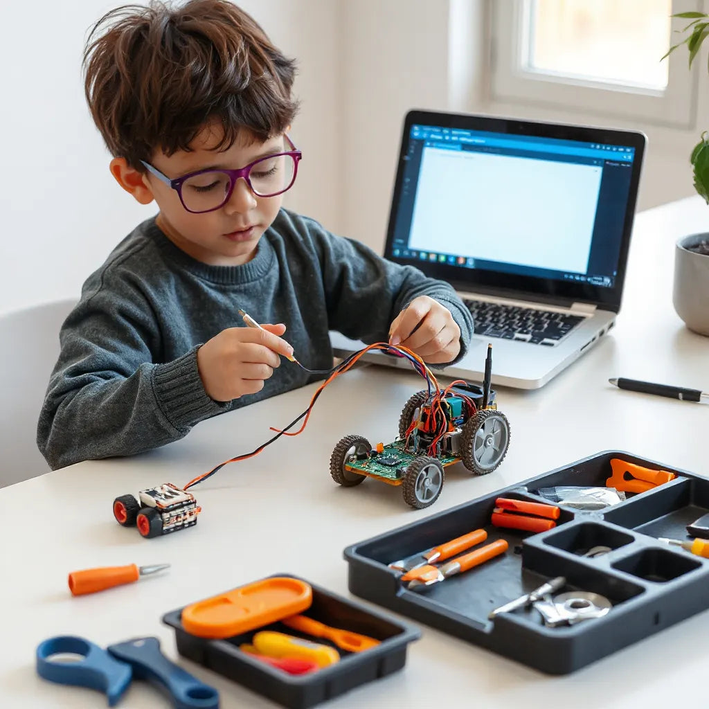 Child assembling a beginner robotics kit with modular parts and a coding tablet nearby