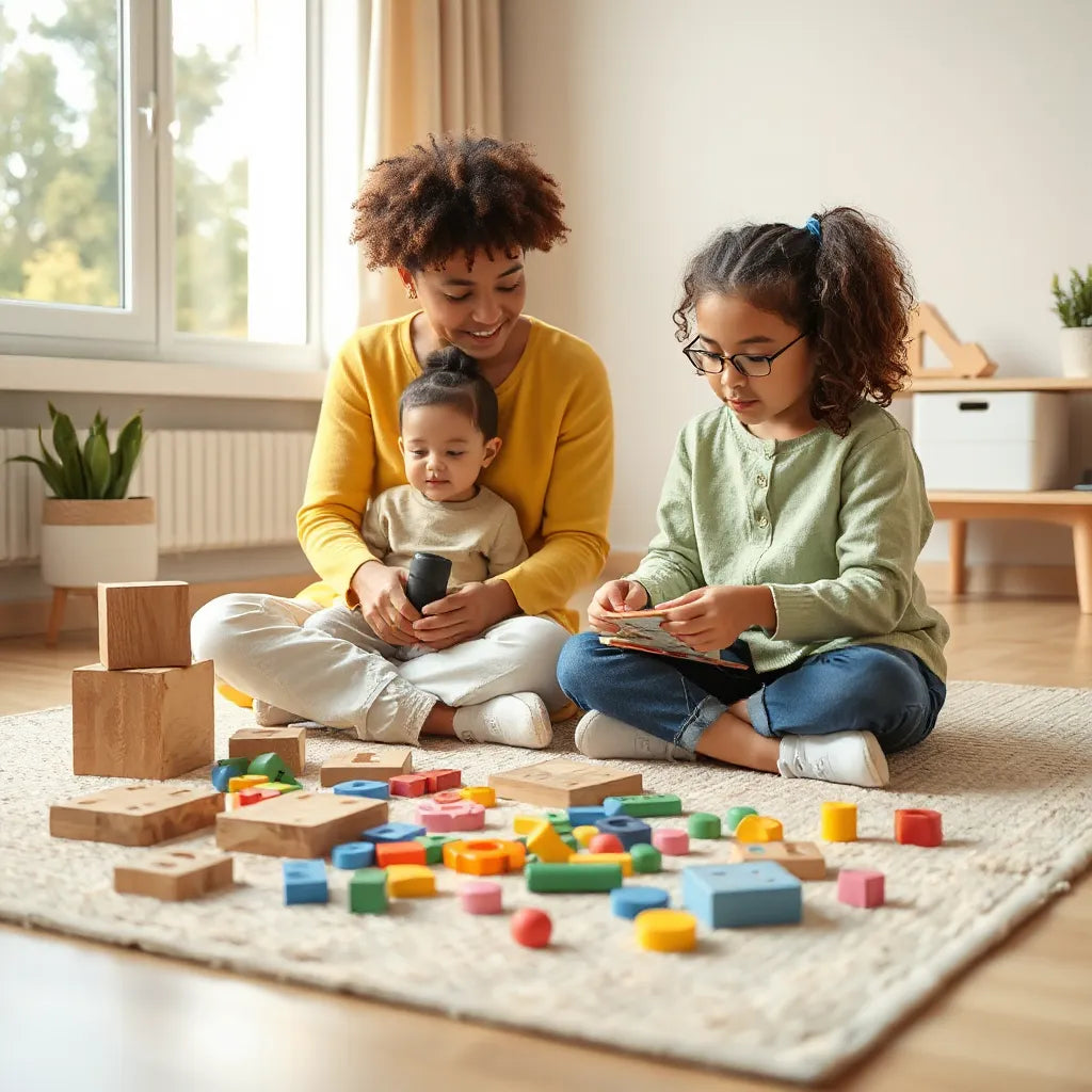 Child and caregiver using hands-on learning toys like blocks, beads, and puzzles at home