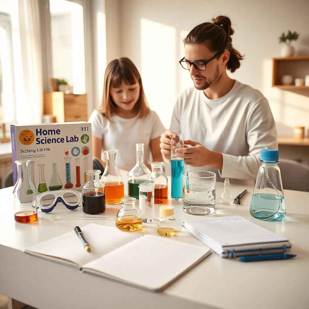 Family preparing at-home science lab kits with beakers, pipettes, and safety goggles on a table