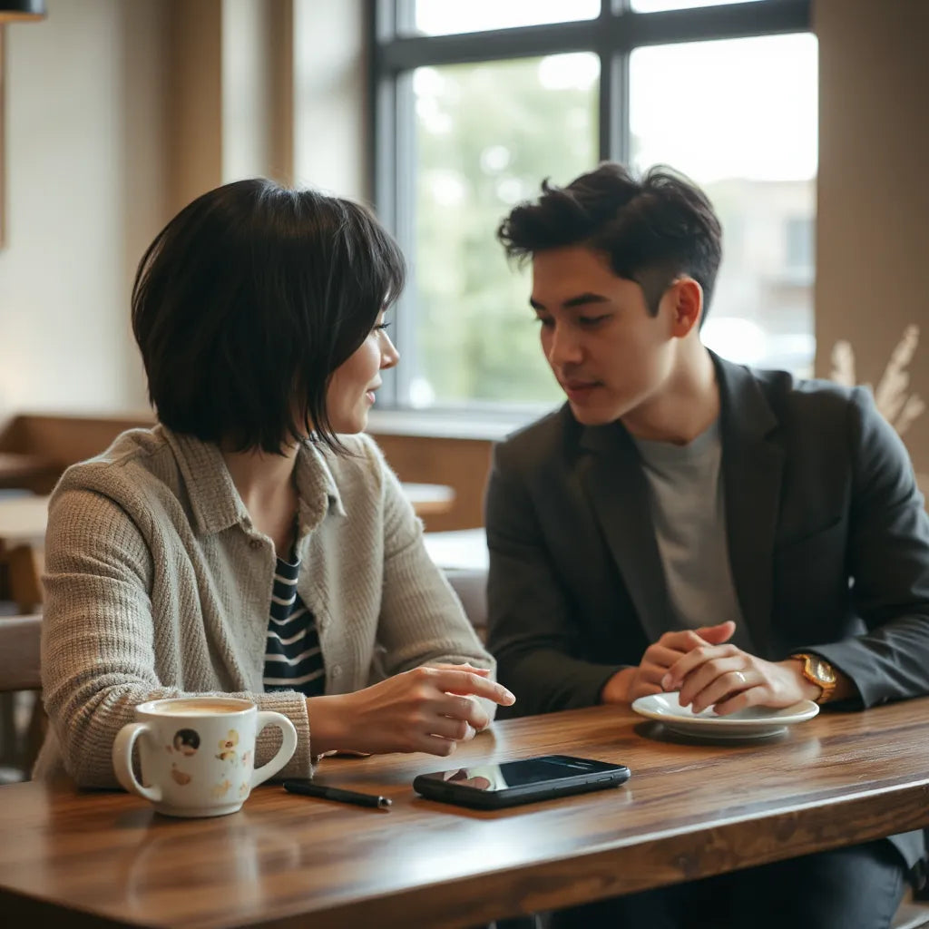 Two people in a cafe using a smartphone for instant translated communication