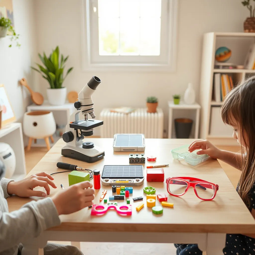 Kid-friendly STEM gadgets on a table with a microscope, solar panel, and circuit blocks in a bright room