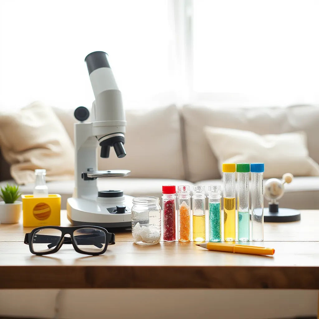 Kid-friendly science setup with a microscope, crystal kit, test tubes, and safety goggles on a table