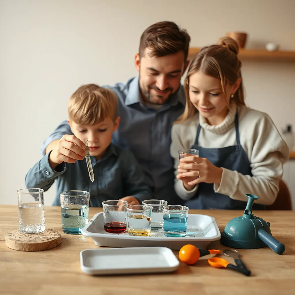Child and parent doing a simple science experiment with cups, colored water, and a magnifying glass