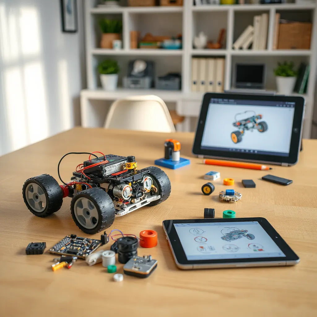 Programmable robot kit parts and a small chassis with sensors on a clean worktable.