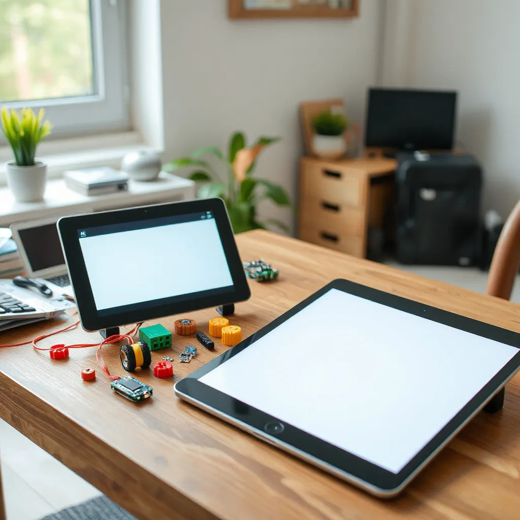 Open interactive STEM kit with circuit parts and build pieces on a wooden table in a bright home workspace