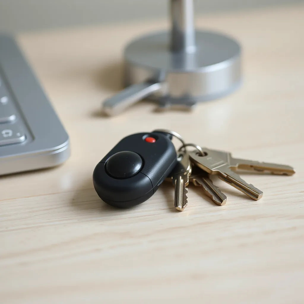 Keyring with keys and a compact anti-loss alarm device on a clean desk