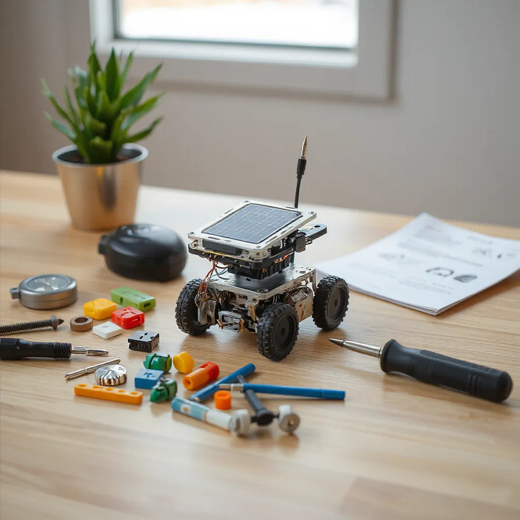 Child assembling a solar-powered robot kit with solar panel, parts, and tools on a clean table