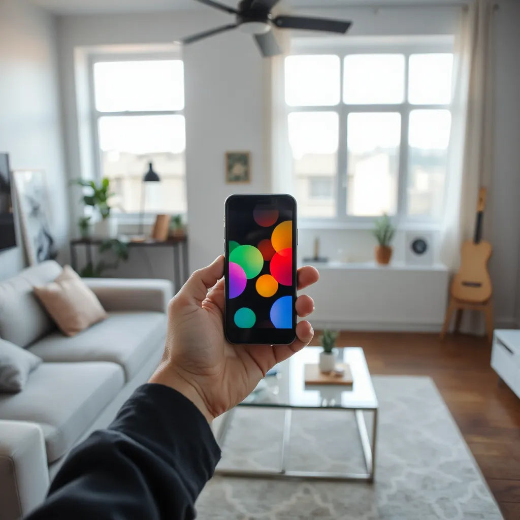 Person holding a smartphone with a bright, vivid screen in a minimal living room