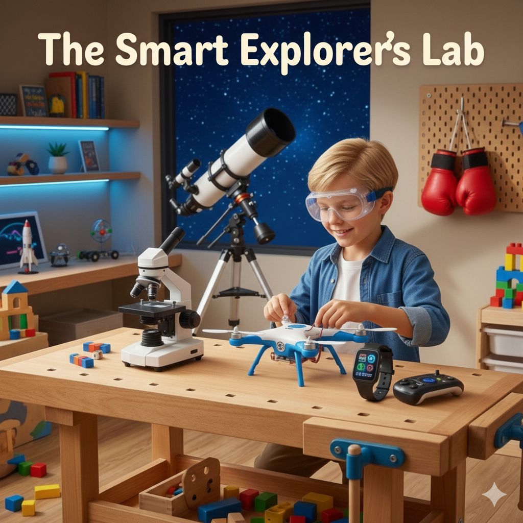 Child using educational electronics and gadgets like microscope, drone, and telescope in a playroom.