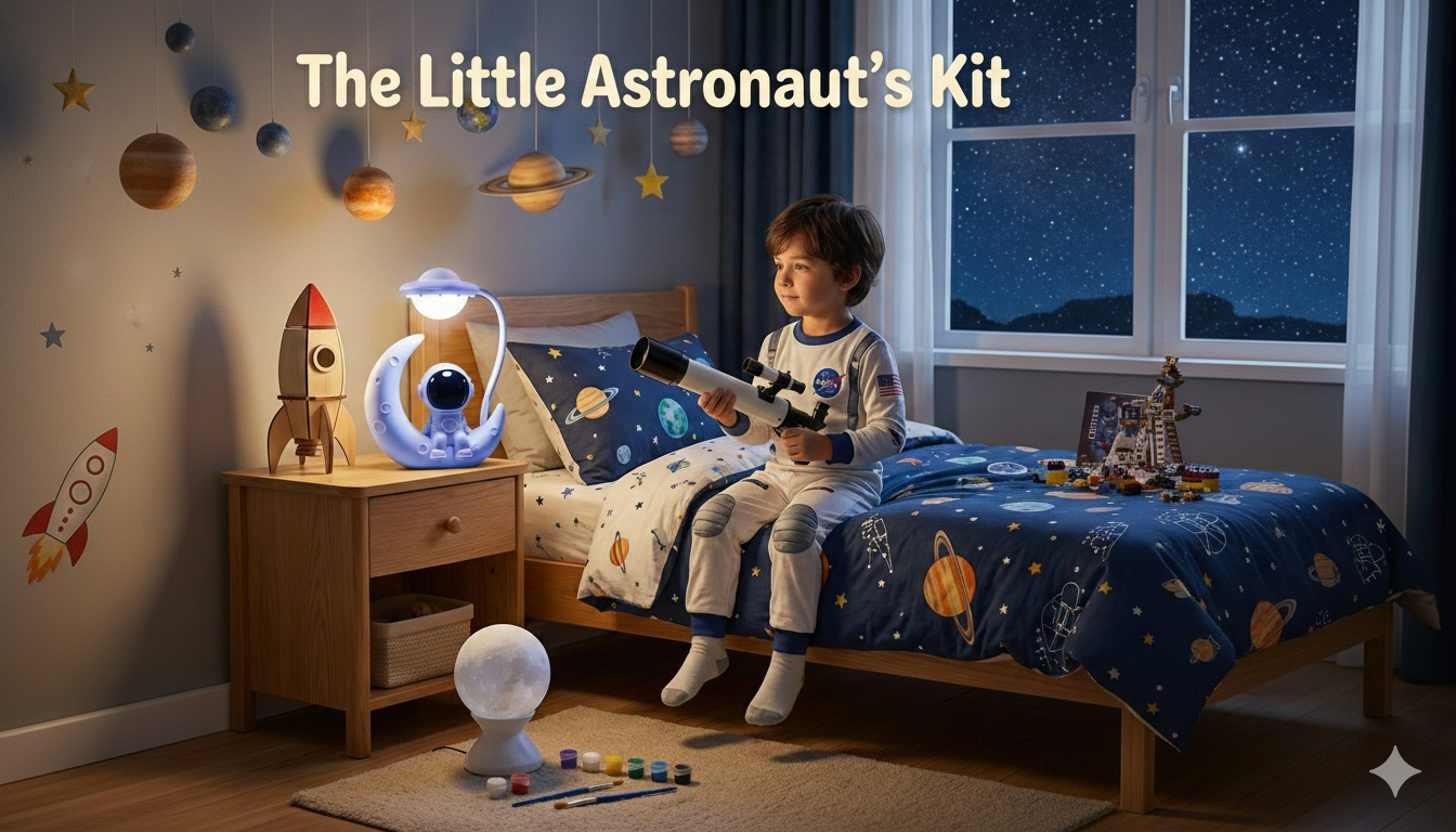 Child in astronaut pajamas holding telescope in space-themed bedroom with rocket toys and planets decor.