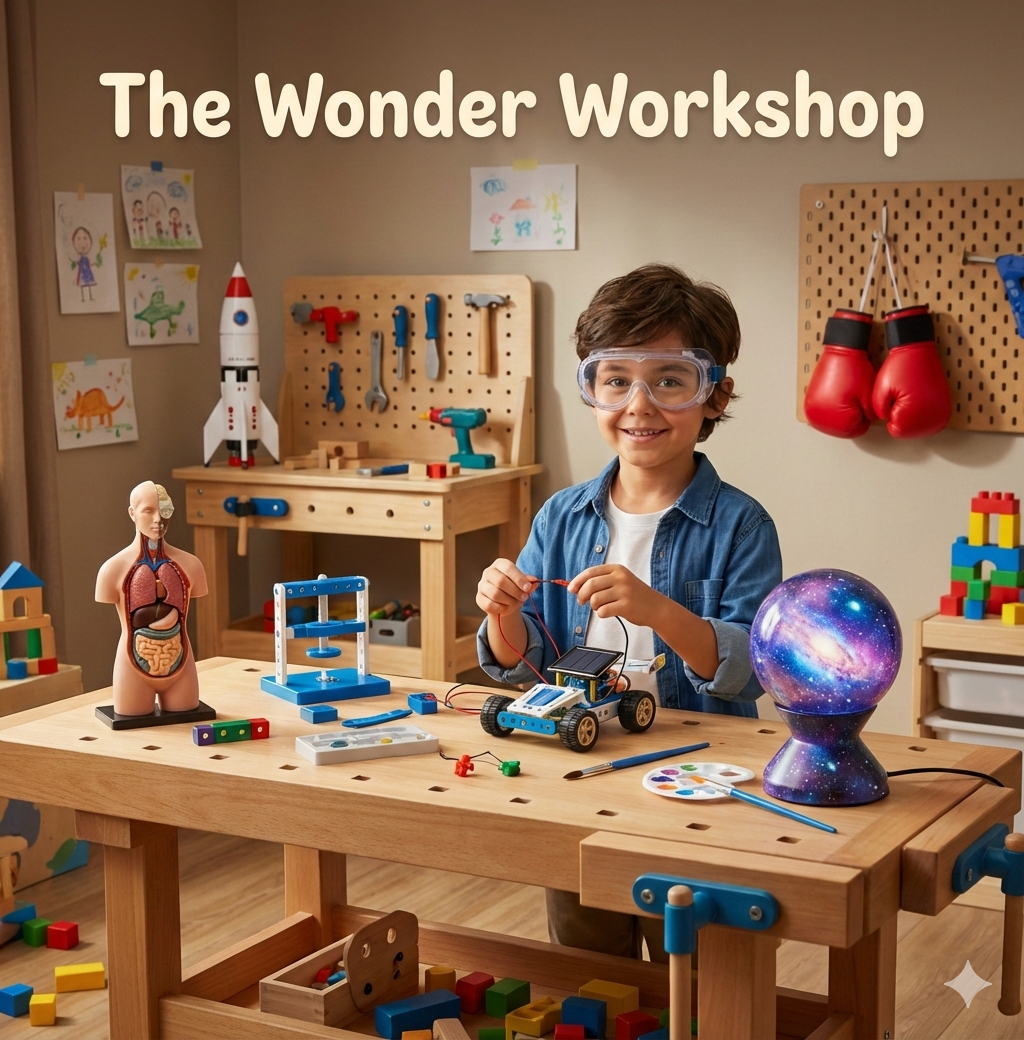 Child exploring STEM toys and educational games in a creative workshop setting