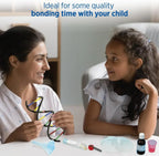 Parent and child enjoy STEM learning with a DNA model, science kit, and lab tools at home.
