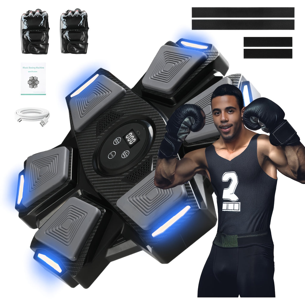 Boxing reflex training kit with electronic target pads, gloves, USB cable, and athlete