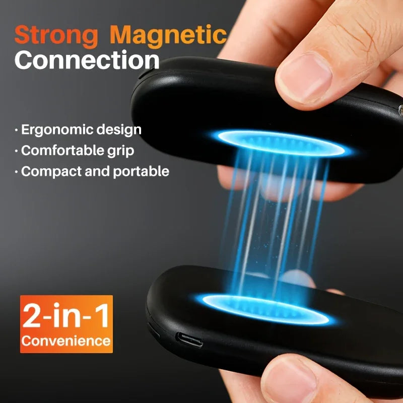 Hands holding two compact black tech gadgets with strong magnetic connection, ergonomic design, and 2-in-1 portability.