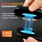 Hands holding two compact black tech gadgets with strong magnetic connection, ergonomic design, and 2-in-1 portability.