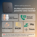 Compact voice recorder with dual-mic noise reduction, phone call recording, 64GB storage, built-in magnet, lightweight and ultra-thin design.