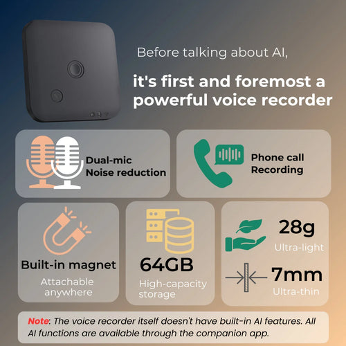 Compact voice recorder with dual-mic noise reduction, phone call recording, 64GB storage, built-in magnet, lightweight and ultra-thin design.