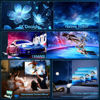 Collage showcasing a home projector with 4K decode, 1080P, 130 ANSI brightness, screen mirroring, and large screen display for family entertainment.