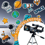 Kids' DIY telescope with space-themed stickers, planets, astronaut, rocket, tripod, and rover.