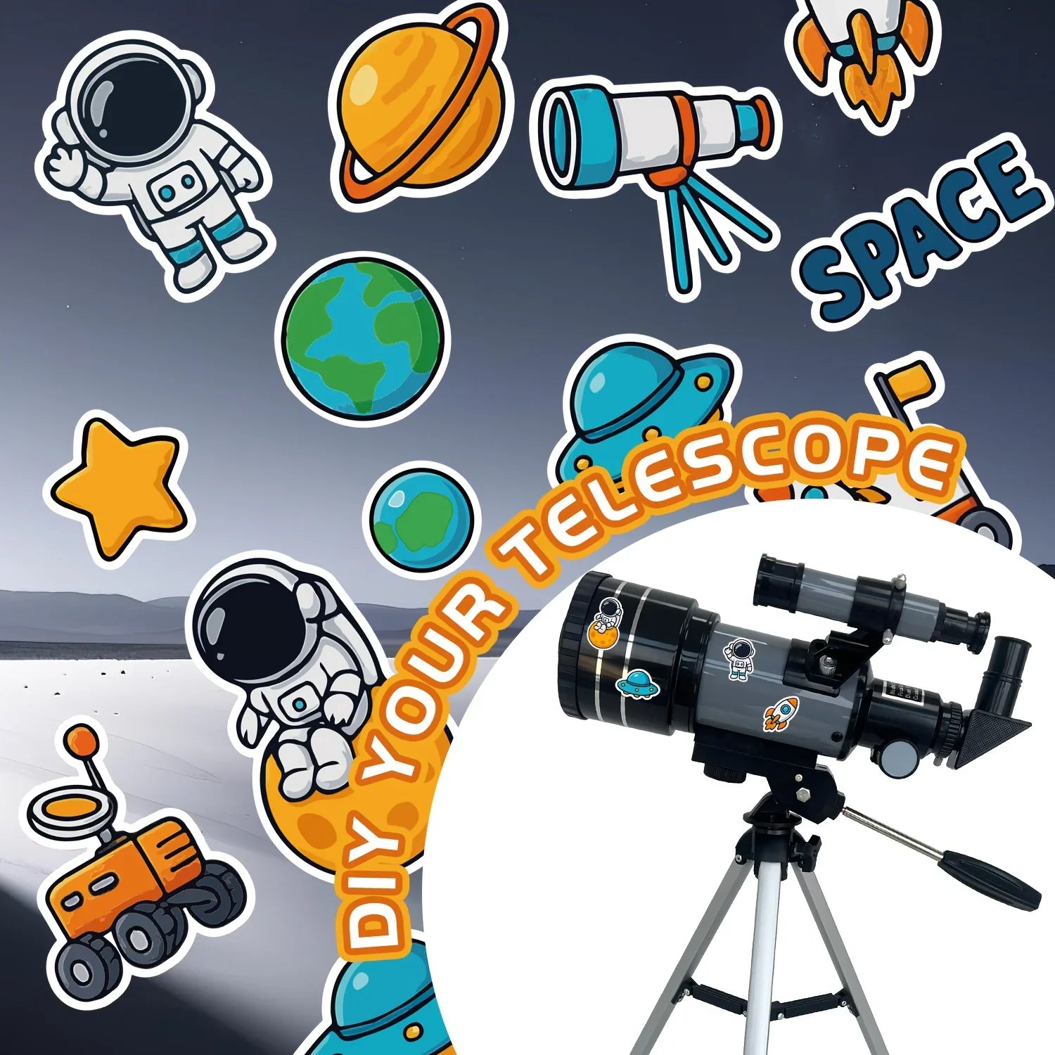 Kids' DIY telescope with space-themed stickers, planets, astronaut, rocket, tripod, and rover.