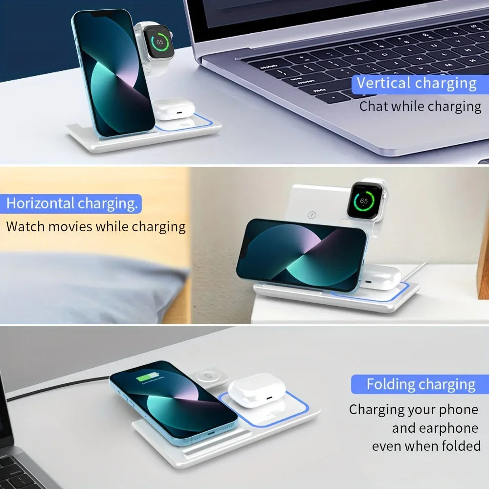 3-in-1 wireless charging station for phone, smartwatch, earbuds in vertical, horizontal, and folded modes