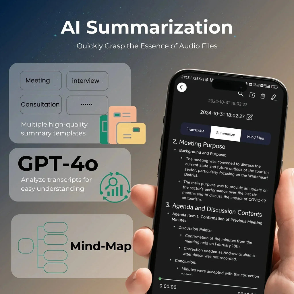 Hand holding smartphone displaying AI audio summarization app with GPT-4o and mind map features