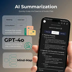 Hand holding smartphone displaying AI audio summarization app with GPT-4o and mind map features