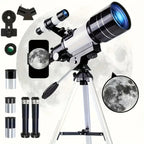 Children’s telescope kit with tripod, eyepieces, phone adapter, and moon observation accessories.