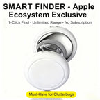 Smart Finder device for Apple, wireless tracker with white round design and key features listed.