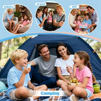 Family using walkie talkies indoors, during travel, at a birthday party, and camping outdoors.
