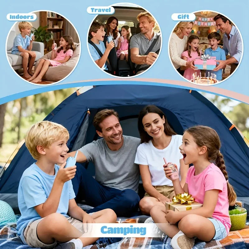 Family using walkie talkies indoors, during travel, at a birthday party, and camping outdoors.