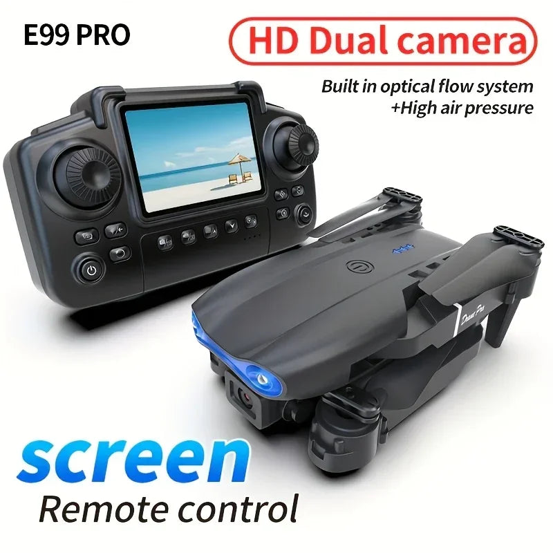 Black E99 PRO foldable drone with HD dual camera and remote control featuring screen display.