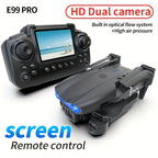 Black E99 PRO foldable drone with HD dual camera and remote control featuring screen display.