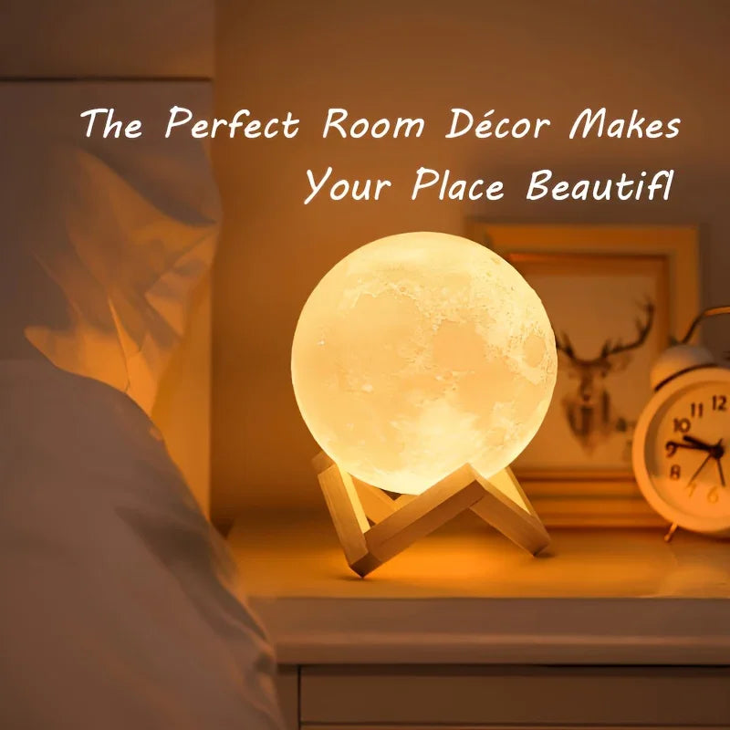 Glowing moon lamp on bedside table with alarm clock, cozy bedroom room décor