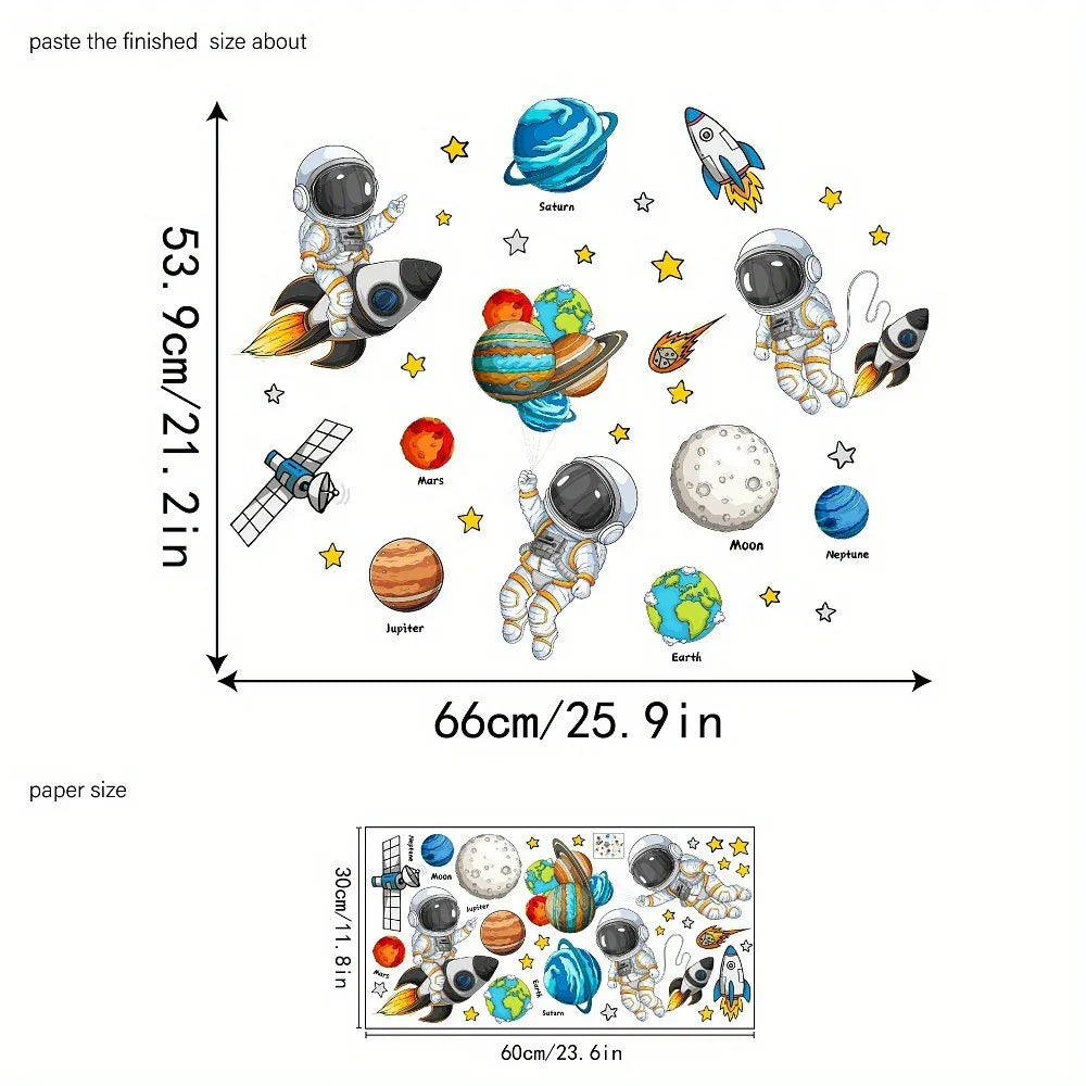 Space-themed wall stickers with astronauts, rockets, planets, stars, and a satellite.