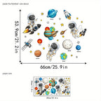 Space-themed wall stickers with astronauts, rockets, planets, stars, and a satellite.