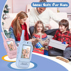 Family opening gifts together near a Christmas tree with kids' walkie talkies in pink and blue.