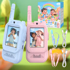 Children's video walkie talkie toy set in blue and pink with screen, box, lanyards, and charging cables