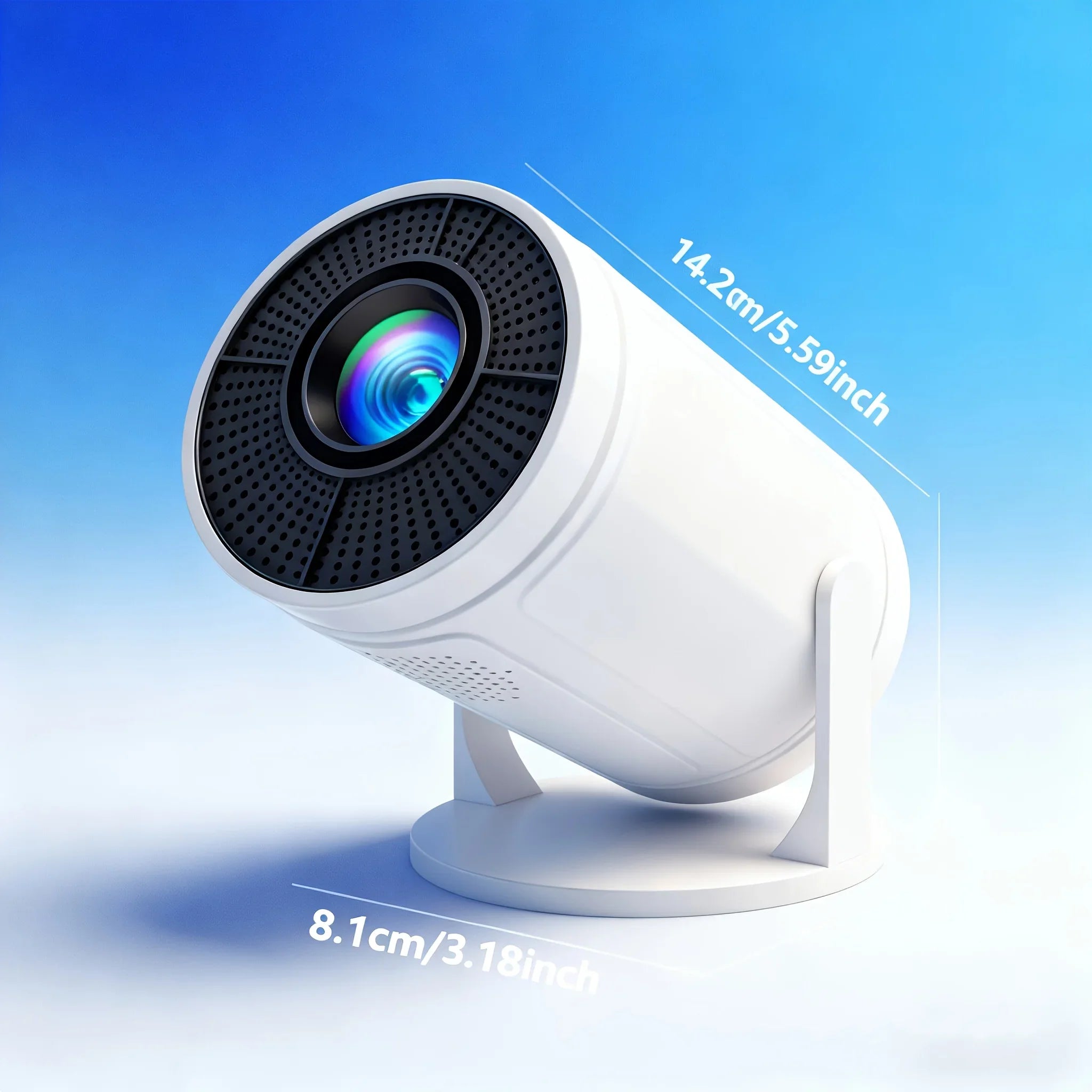 Compact white projector with stand, lens detail, and size dimensions shown against blue background