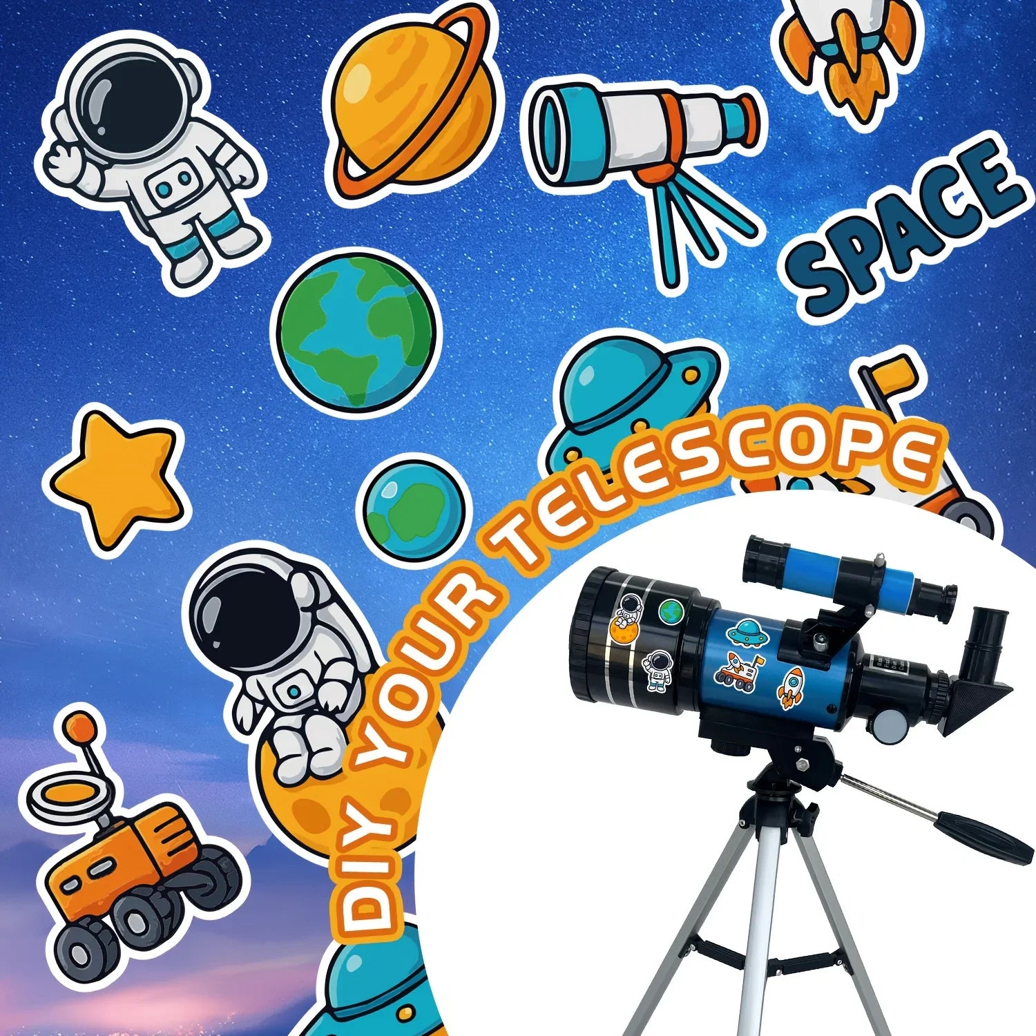 Kids DIY blue telescope with cartoon space and astronaut stickers on a starry background