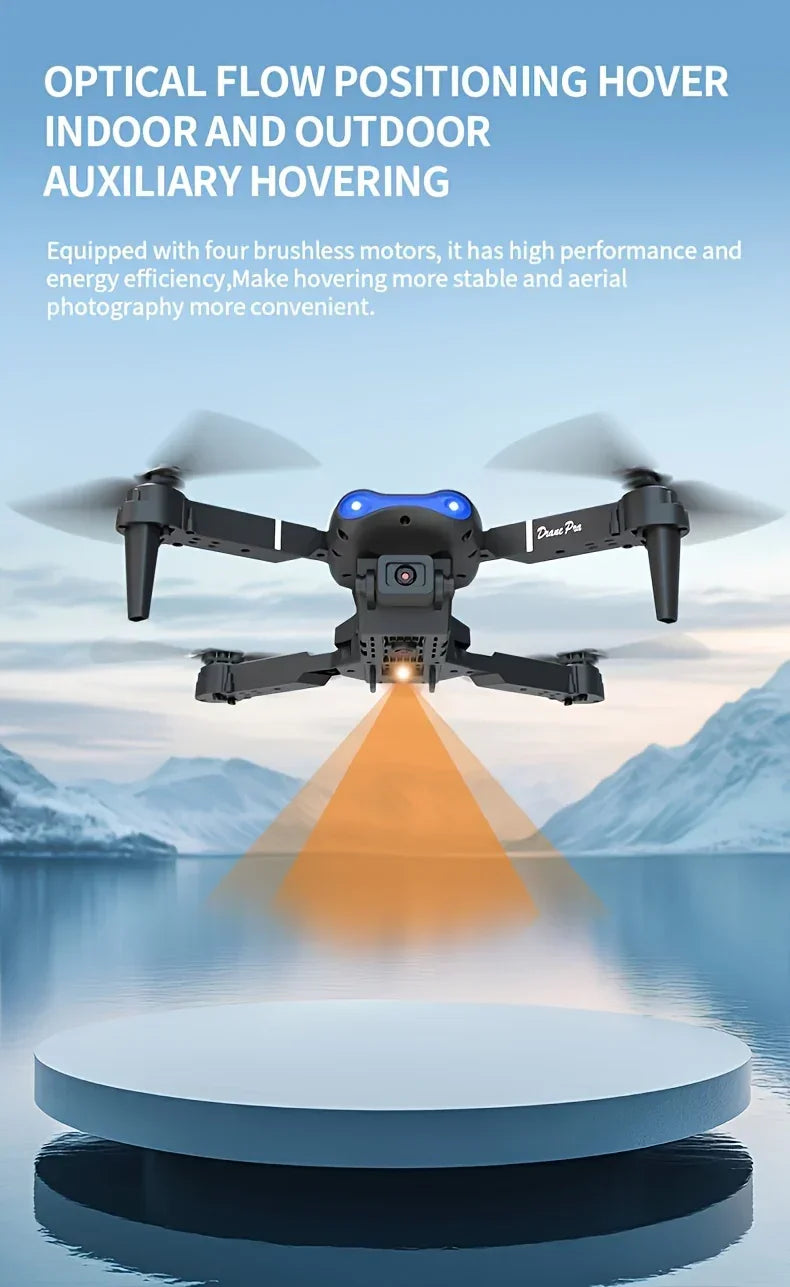 Indoor outdoor hover drone with camera, optical flow positioning, flying over water in snowy mountain landscape.